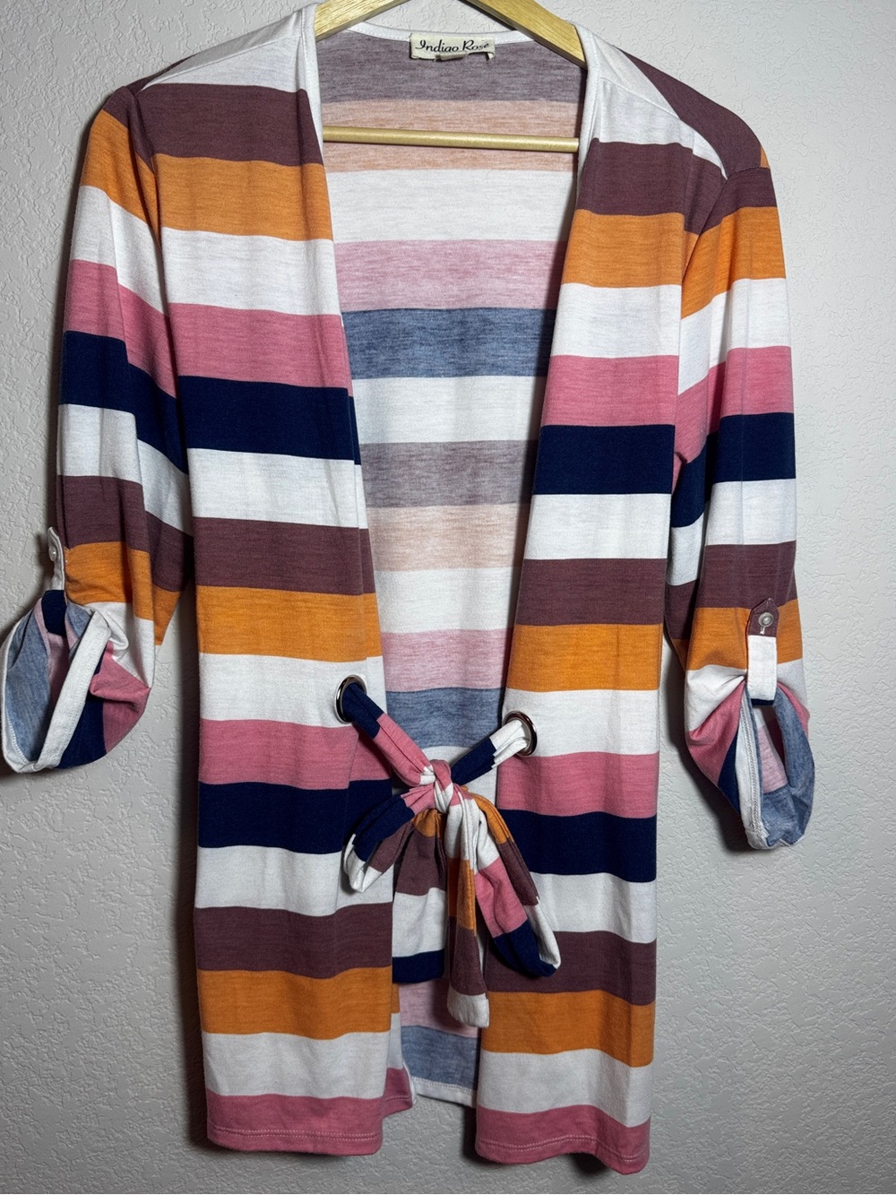 Indigo Rose Cardigan Womens M Multicolor Striped Open Front Tie Waist 3/4 Sleeve